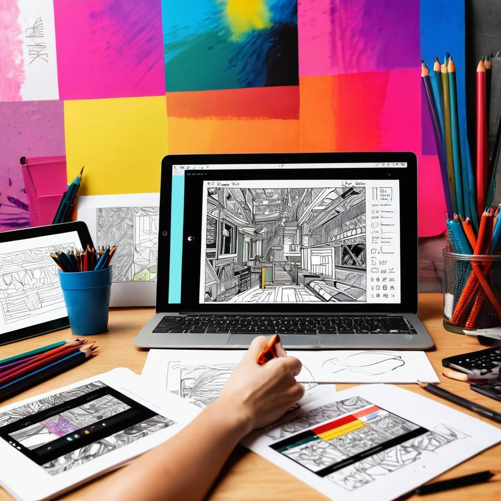 A digital artist's workspace featuring sketchbooks, a tablet displaying vibrant design software, and color swatches scattered around. A split-screen effect showing a hand-drawn sketch morphing into a vibrant digital design. The background incorporates tools like pencils, brushes, and computer screens, emphasizing creativity and transition. colorful. modern. digital art style. high contrast.