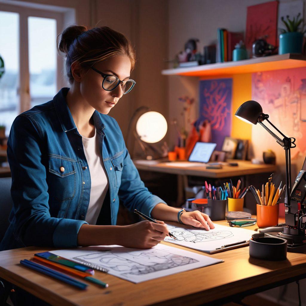 A dynamic workspace filled with diverse 3D modeling tools, showcasing a designer at a computer working on a vibrant, intricate 3D model. Surround the scene with colorful sketches, digital tablets, and vibrant abstract designs that represent creativity. Incorporate elements like a glowing 3D printer and holographic displays to emphasize technology and innovation. The atmosphere should feel inspiring and energetic, with a blend of light and shadow. super-realistic. vibrant colors. 3D.