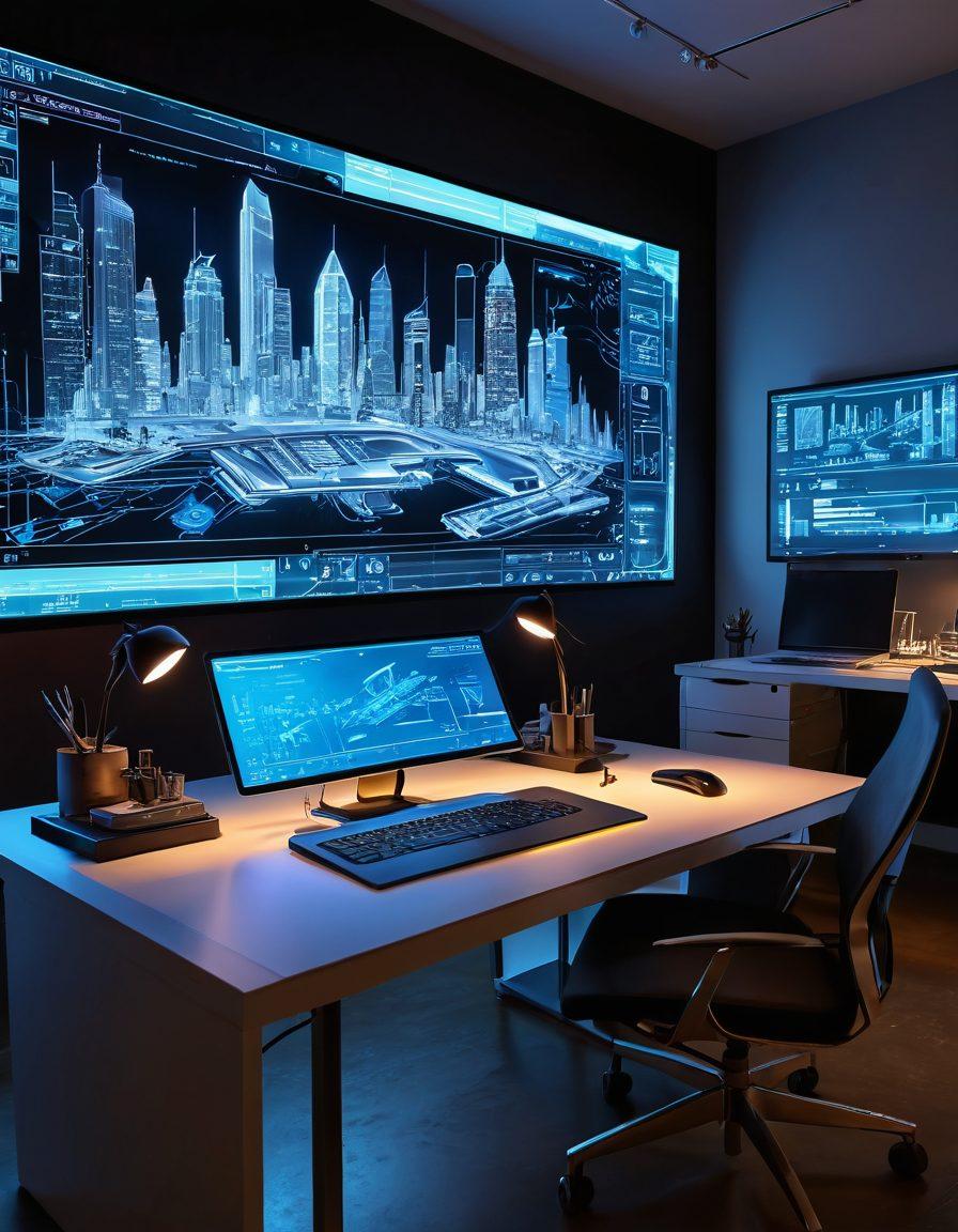 A futuristic workspace featuring a large digital screen displaying intricate 3D models of buildings, tools like a stylus and laptop scattered around. A holographic architectural design floats above the desk, and blueprints are pinned on the walls. Soft ambient lighting creates an innovative atmosphere. super-realistic. vibrant colors. cyberpunk.
